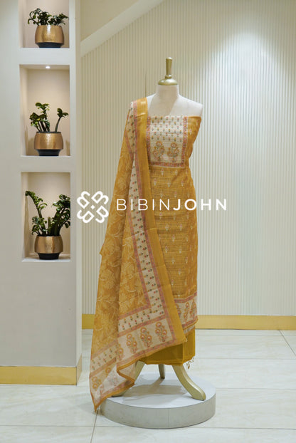 Semi Silk Embroidery Unstitched Salwar Suit Material Mustard Yellow BJ2472