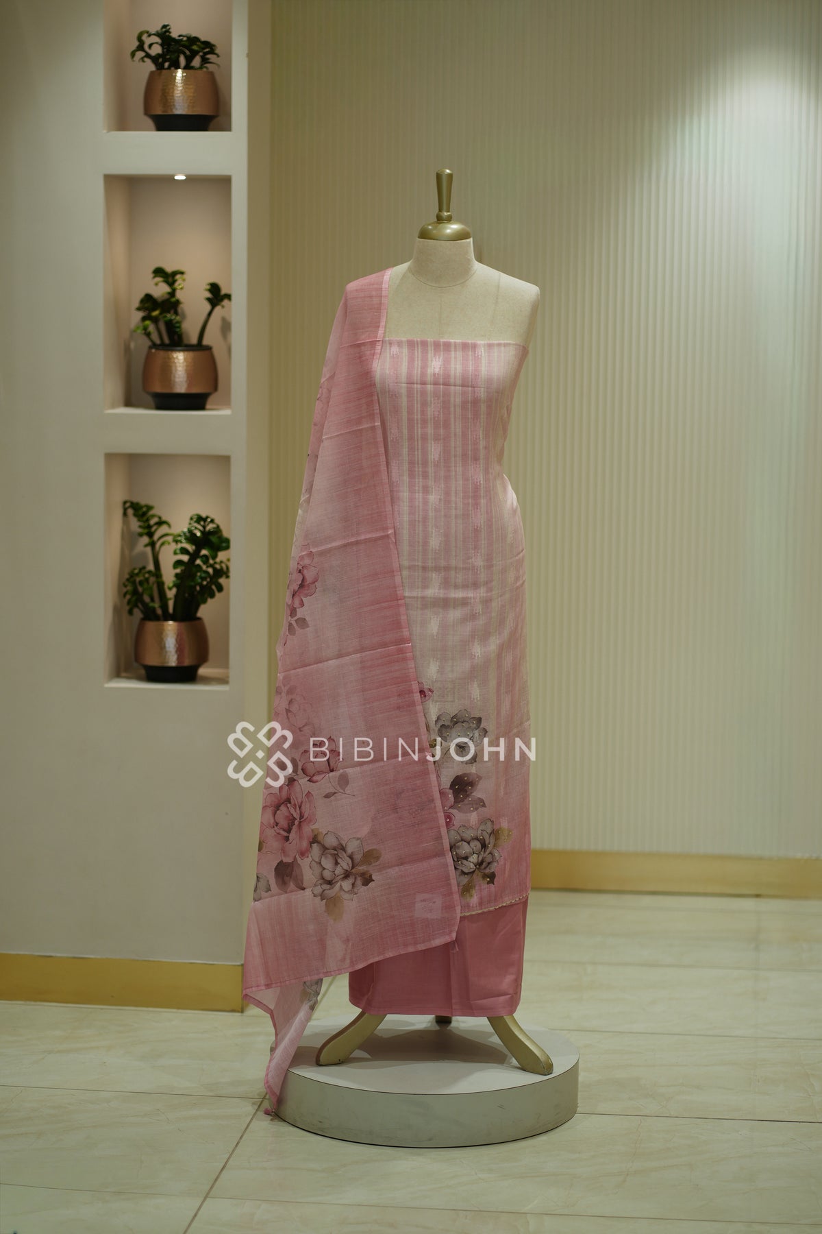 Printed Art Linen Unstitched Salwar Suit Material Pastel Pink BJ2378