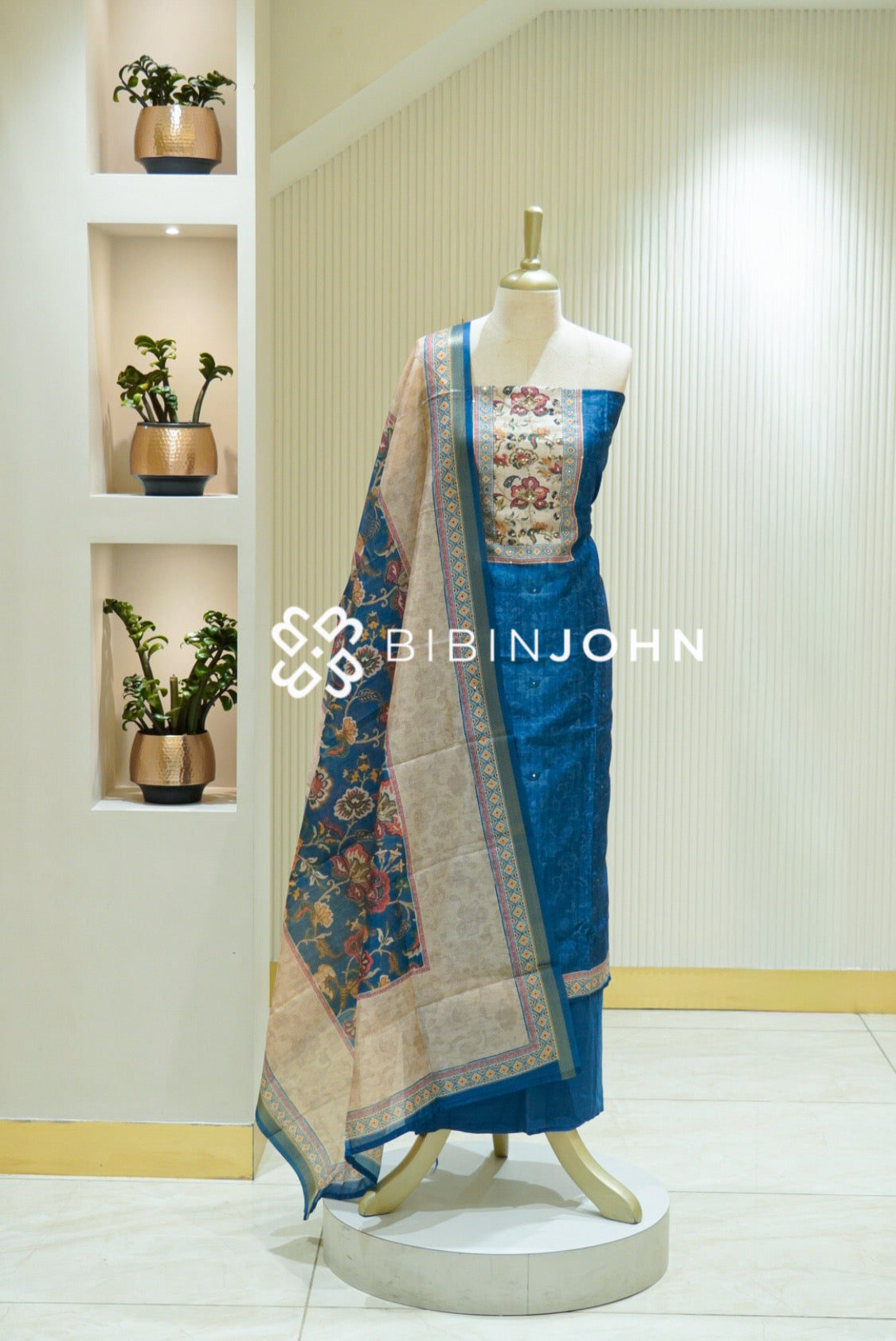 Semi Silk Embroidery Unstitched Salwar Suit Material Royal Blue with Beige BJ2476