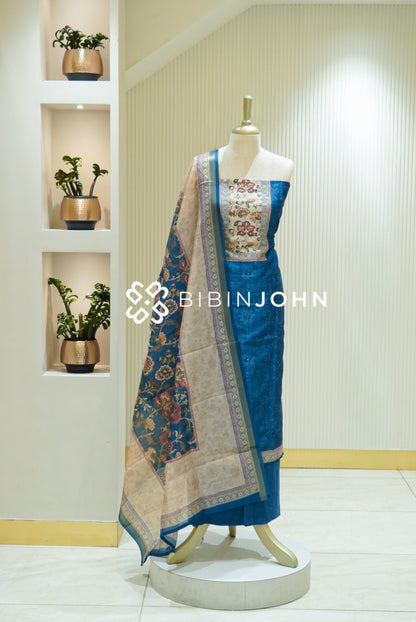 Semi Silk Embroidery Unstitched Salwar Suit Material Royal Blue with Beige BJ2476