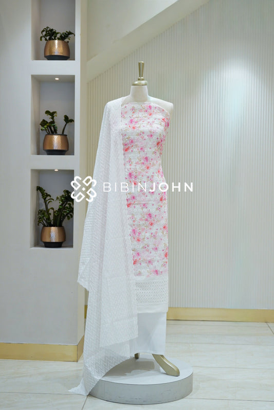 Cotton Embroidery Unstitched Salwar Suit Material White BJ2122