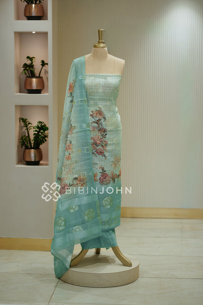 Art Linen Embroidery Unstitched Salwar Suit Material Pastel Aqua Green BJ2374