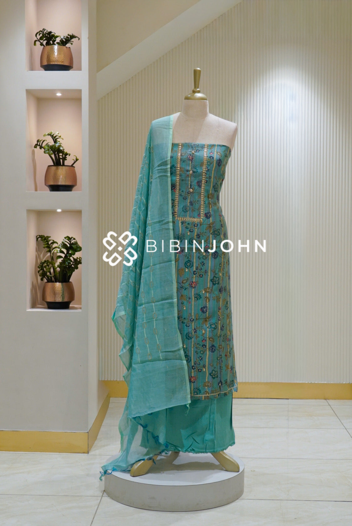 Printed Chanderi Embroidery Unstitched Salwar Suit Material Aqua Turquoise BJ2253
