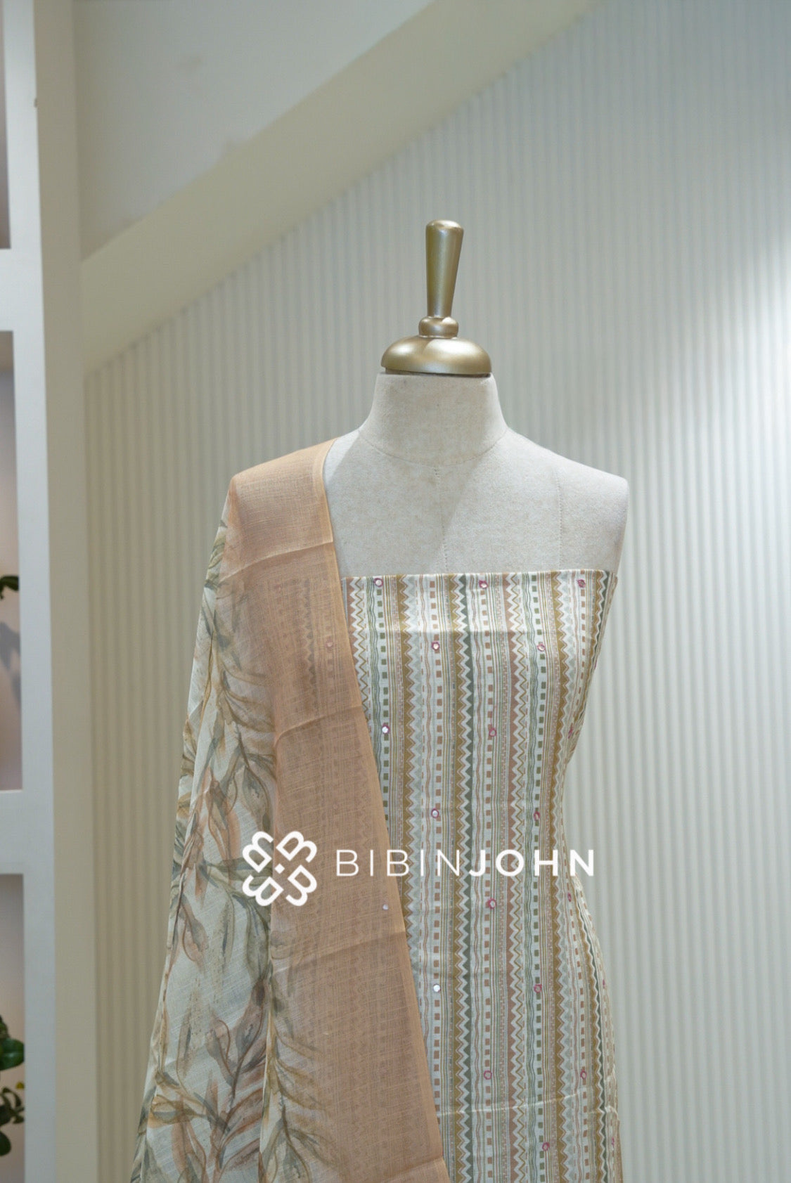 Linen Embroidery Unstitched Salwar Suit Material Ivory Cream With Peach Beige BJ2364