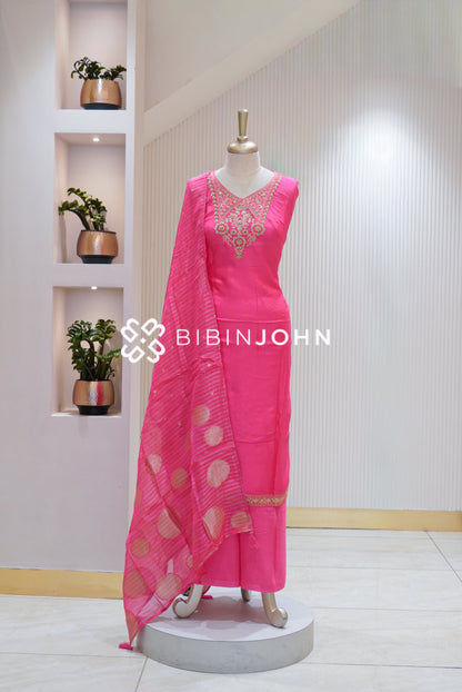 Semi Stitched Silk Embroidery Salwar Suit Material Rani Pink BJ1883