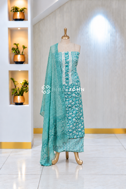 Printed Cotton Unstitched Salwar Suit Material Turquoise Blue BJ2056