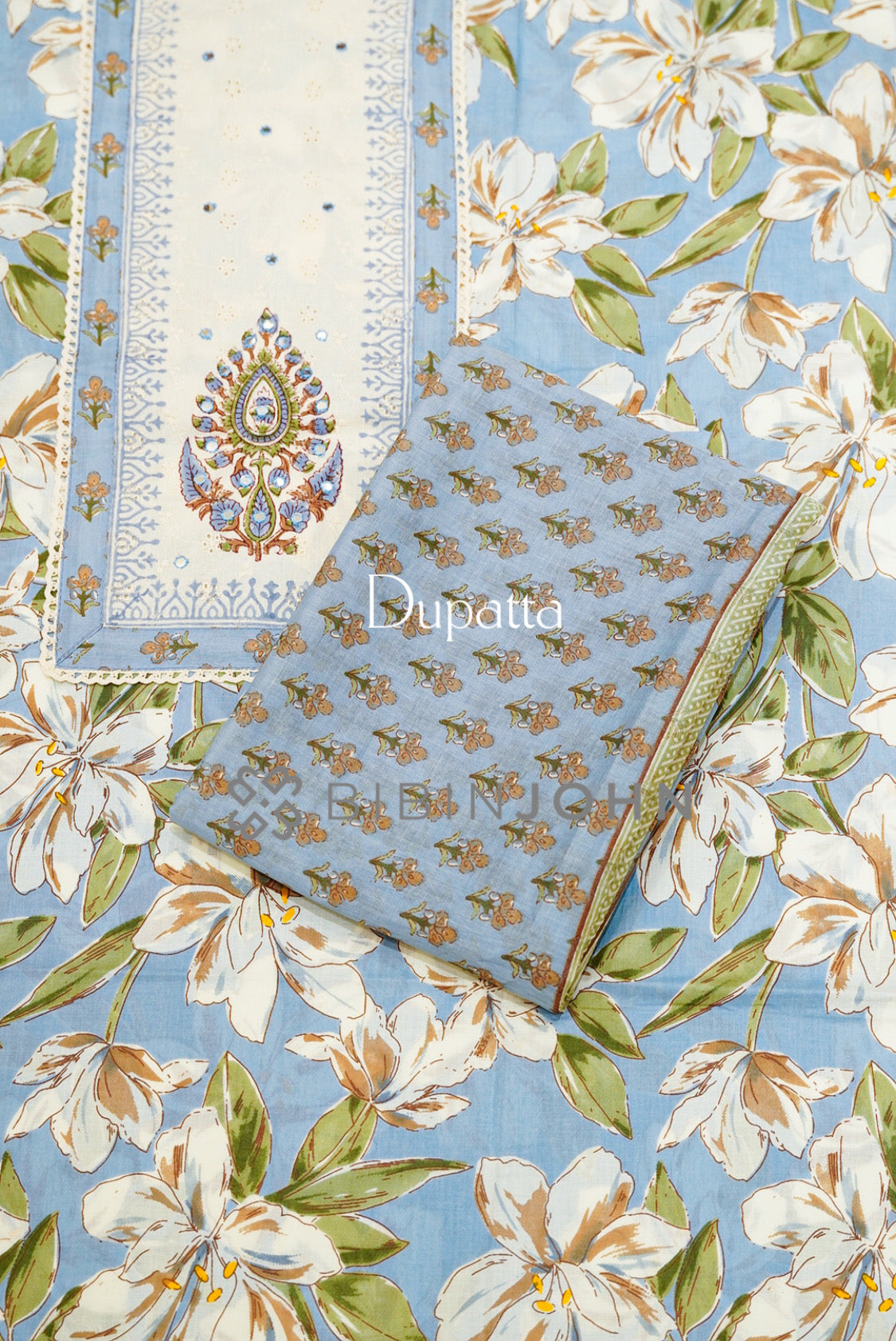Cotton Embroidery Unstitched Salwar Suit Material Powder Blue  DUPATTA