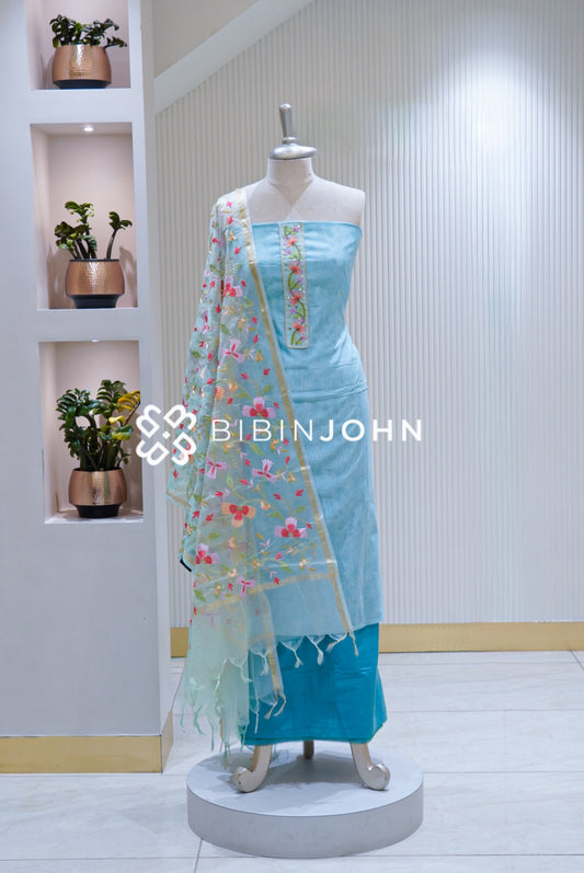 Chanderi Embroidery Unstitched Salwar Suit Materials Light Sky Blue BJ1682