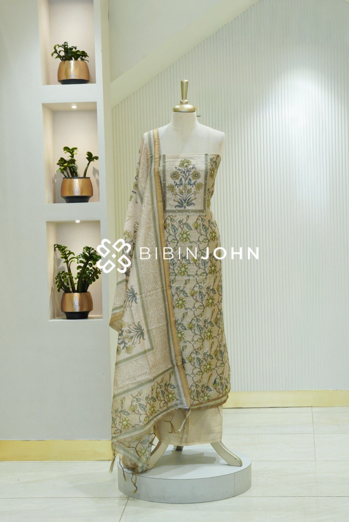 Semi Silk Embroidery Unstitched Salwar Suit Material Ivory Beige BJ2366