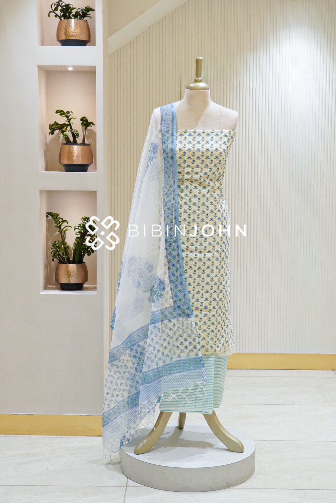 Printed Cotton Unstitiched Salwar Suit Material Ivory Cream with Aqua Blue BJ1896