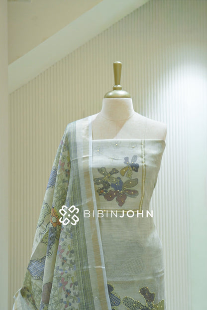Tissue Linen Embroidery Unstitched Salwar Suit Material Pastel Mint Green BJ2469