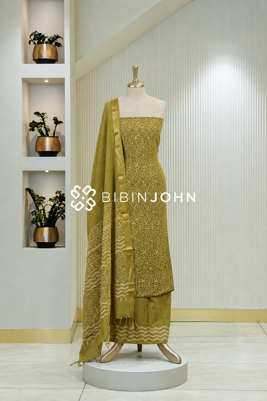 Printed Cotton Unstitched Salwar Suit Material Mustard Olive Green BJ1808