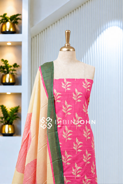 Printed Cotton Unstitched Salwar Suit Material Pink BJ1990