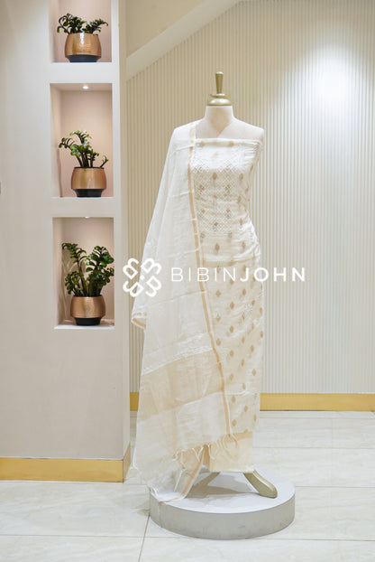 Chanderi Chikankari Unstitched Salwar Suit Material Ivory White BJ2805