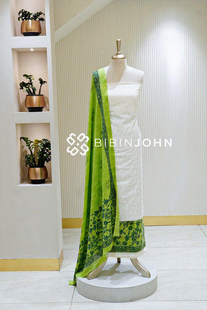Printed Cotton Unstitched Salwar Suit Off White/Green  BJ1512