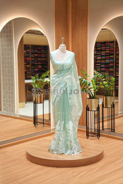Tissue Organza Applique Saree For Women Mint Green BJ0838