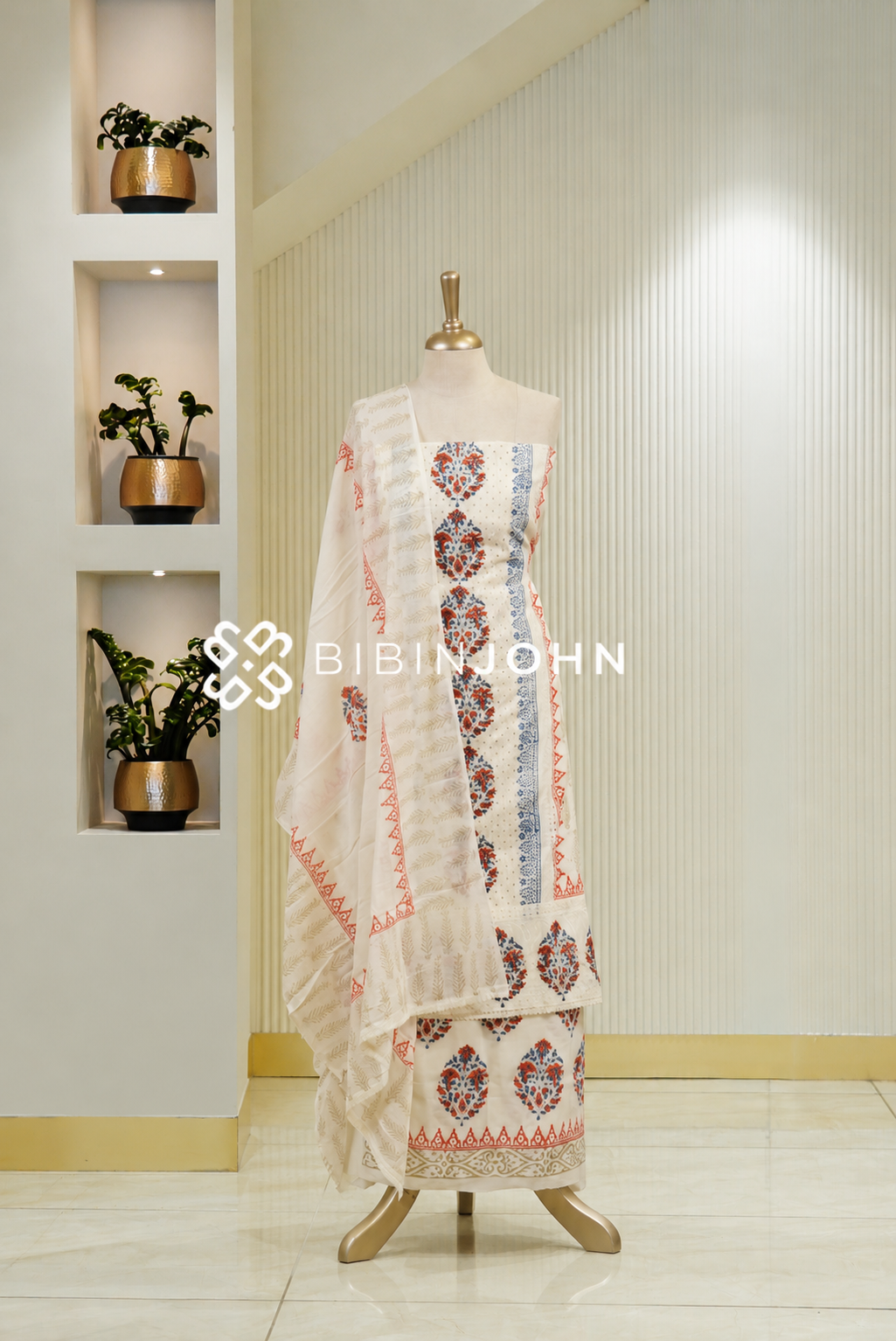 Cotton Hakoba Unstitched Salwar Suit Material Off White BJ1788