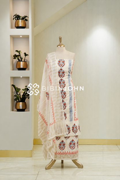 Cotton Hakoba Unstitched Salwar Suit Material Off White BJ1788