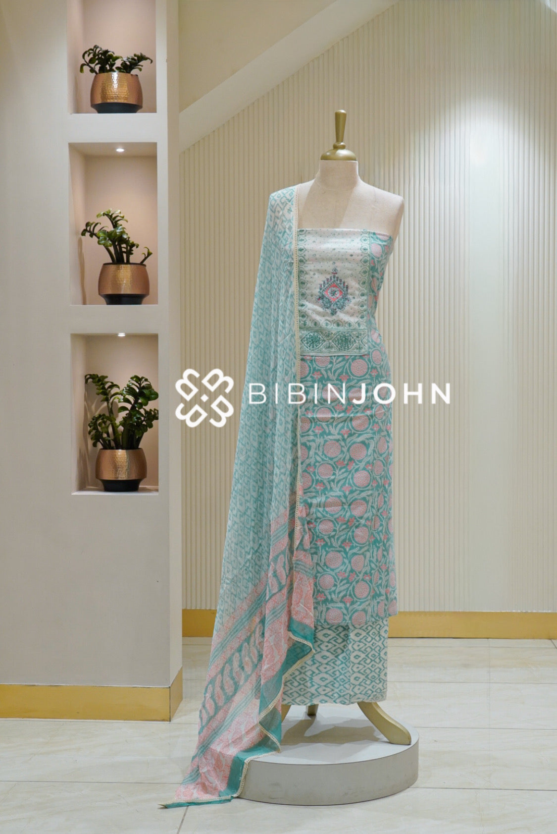Cotton Embroidery Unstitched Salwar Suit Material Aqua Blue BJ2764
