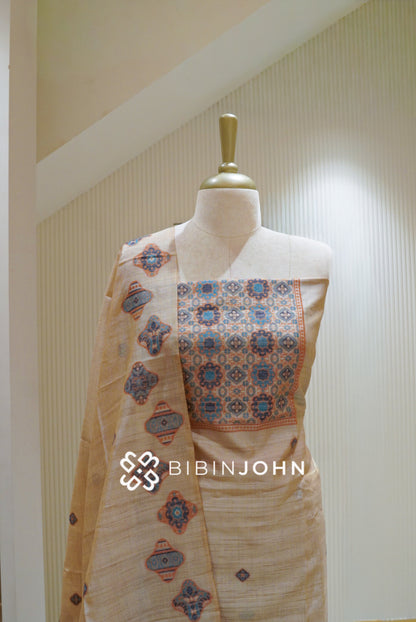 Printed Semi Silk Unstitched Salwar Suit Material Champagne Beige With Teal Blue BJ2759
