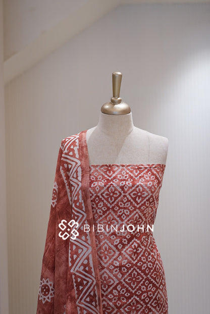Batik Printed Chanderi Unstitched Salwar Suit Material Terracotta Rust BJ2302