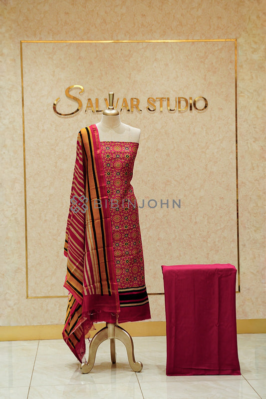 Printed Chanderi Unstitched Salwar Suits Material Rani Pink