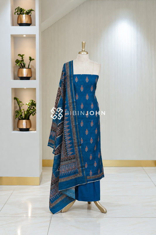 Printed Chanderi Unstitched Salwar Suit Material  Peacock Blue BJ2043