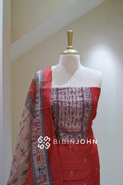 Semi Silk Embroidery Unstitched Salwar Suit Material Brick Red BJ2519