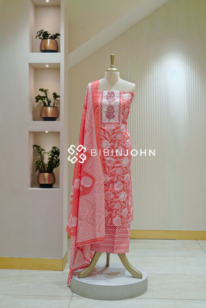 Cotton Embroidery Unstitched Salwar Suit Material Coral Pink BJ1860