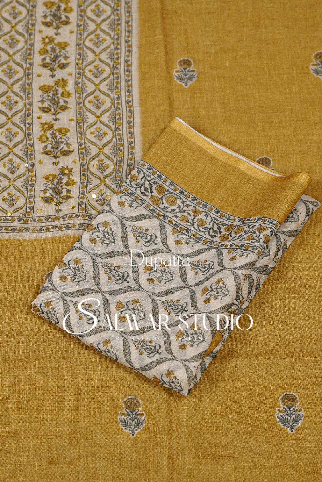 Linen Embroidery Unstitched Salwar Suit Dress Material Mustard Yellow AC0308