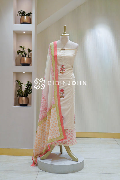 Cotton Embroidery Unstitched Salwar Suit Material Ivory Cream With Coral Pink BJ1898