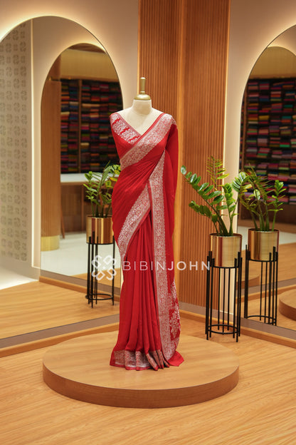Chiffon Banarasi Saree For Women Crimson Red BJ2542