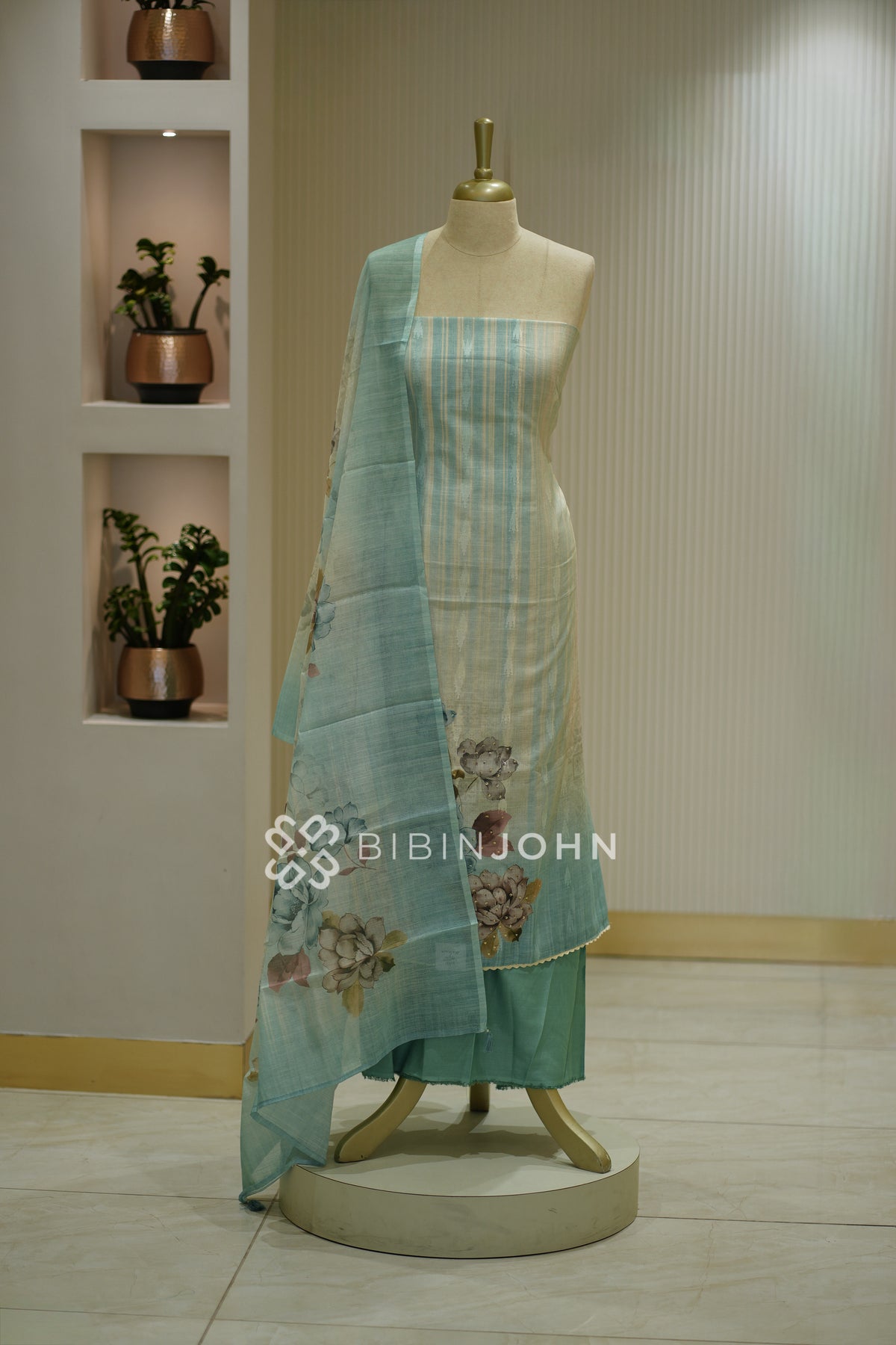 Printed Art Linen Unstitched Salwar Suit Material Pastel Aqua Blue BJ2377