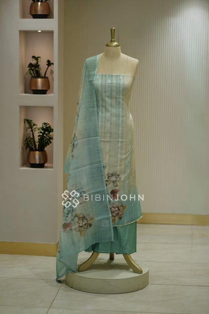 Printed Art Linen Unstitched Salwar Suit Material Pastel Aqua Blue BJ2377