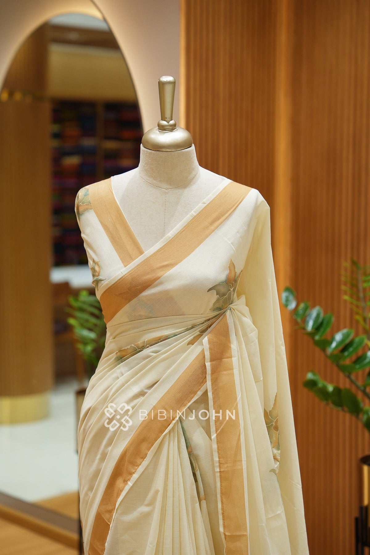 Printed Cotton Saree For Women Cream With Mustard Gold BJ2465