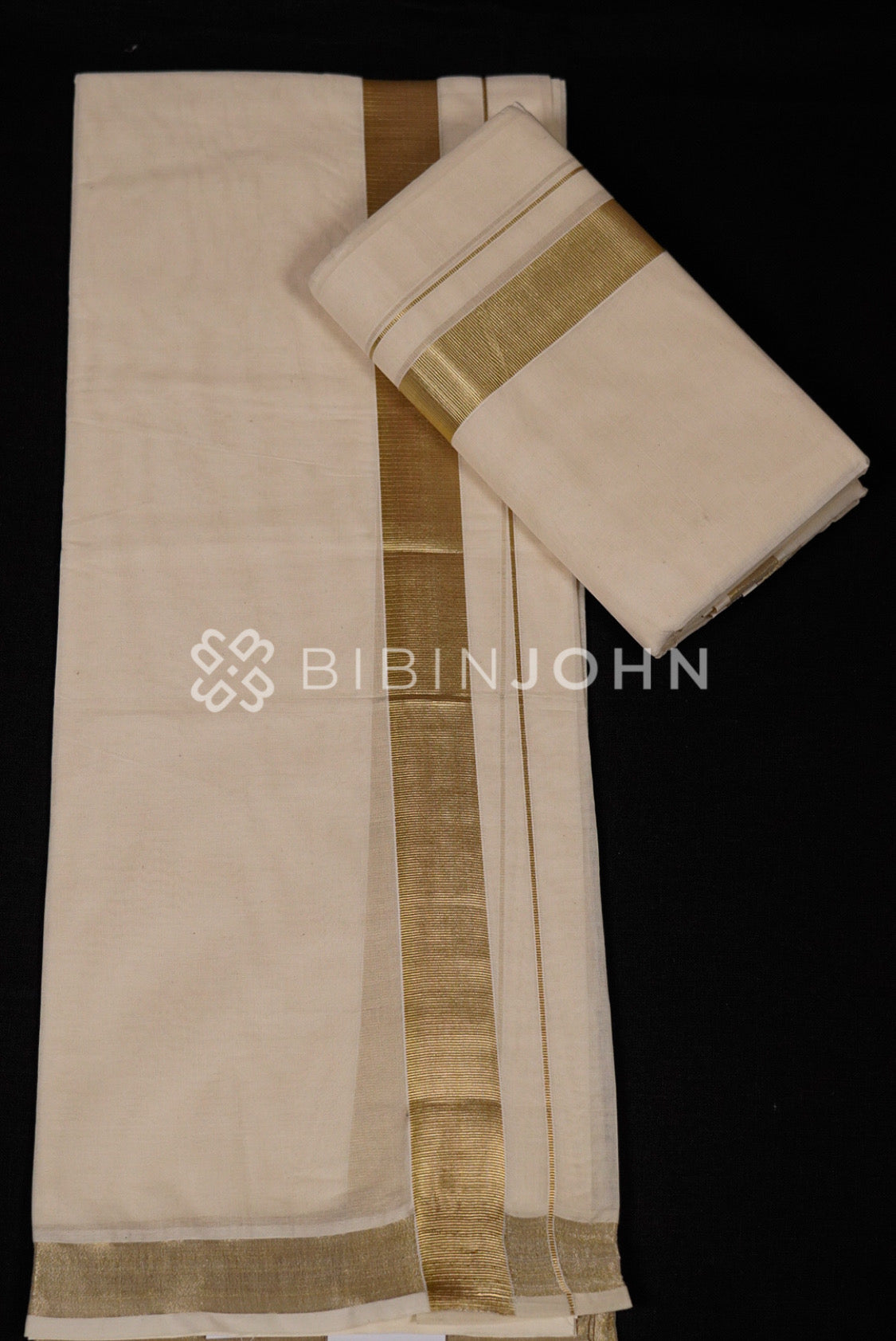  Cotton Dhoti For Men Off White with Golden Kasavu Border full view.