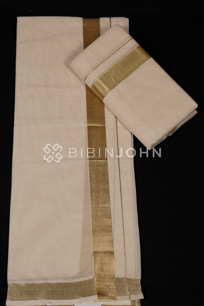  Cotton Dhoti For Men Off White with Golden Kasavu Border full view.