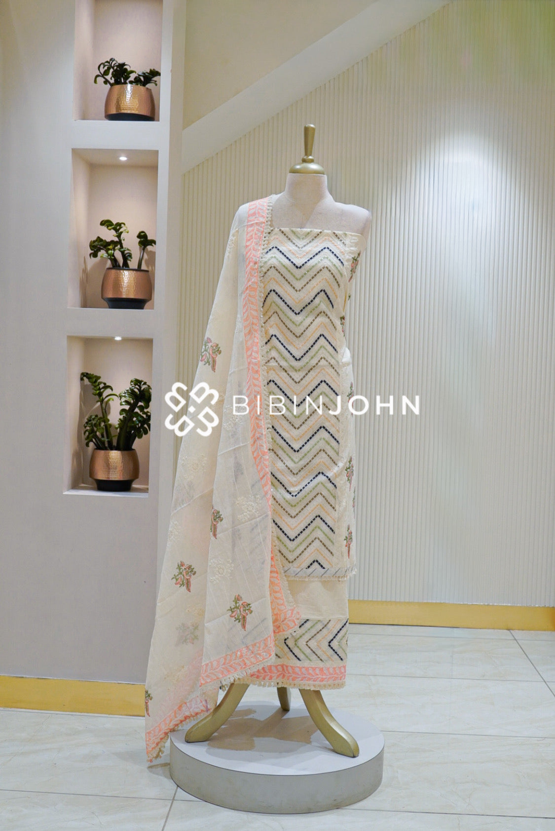 Cotton Embroidery Unstitched Salwar Suit Material Ivory Cream With Peach Pink BJ1859
