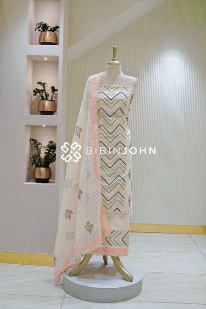 Cotton Embroidery Unstitched Salwar Suit Material Ivory Cream With Peach Pink BJ1859