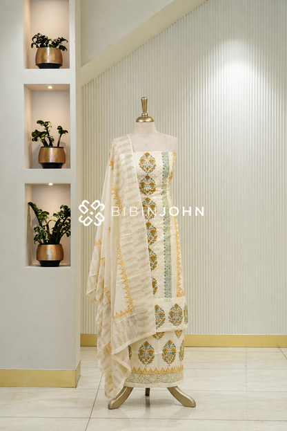 Cotton Hakoba Unstitched Salwar Suit Material Off White BJ1790