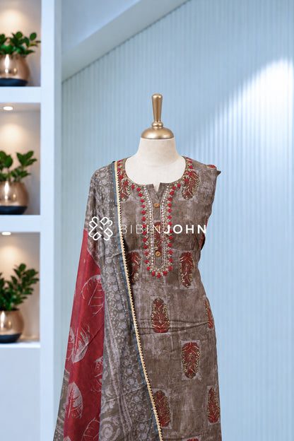 Semi Stitched Muslin Embroidery Salwar Suit Material Taupe Brown BJ2033