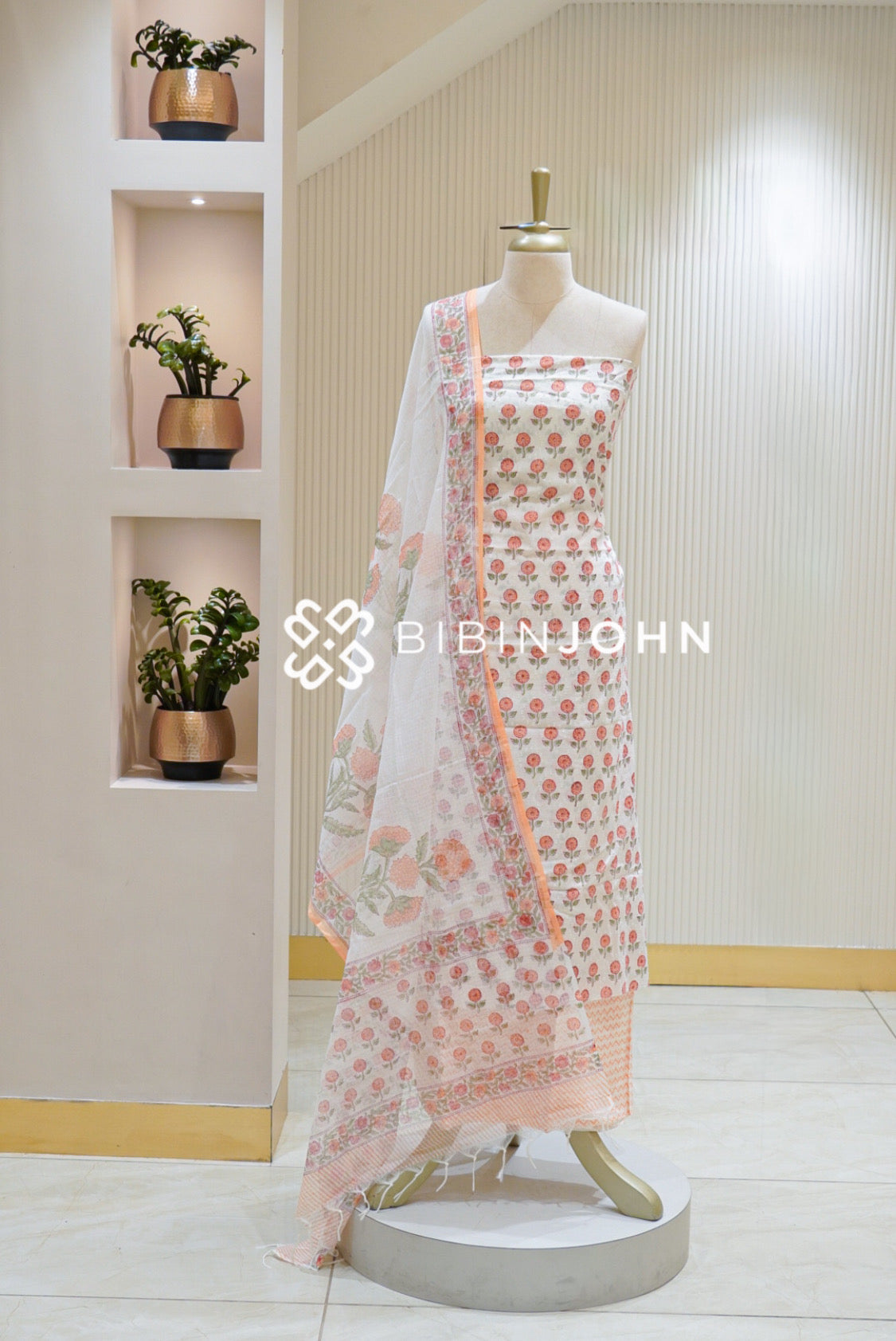 Printed Cotton Unstitched Salwar Suit Material White with Peach Pink BJ2809