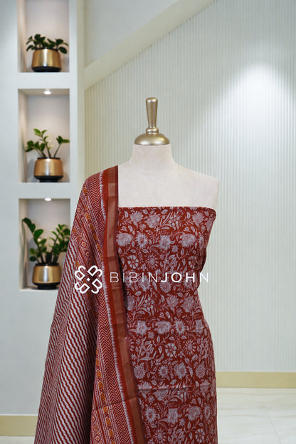 Printed Chanderi Unstitched Salwar Suit Material Terracotta Red BJ1793