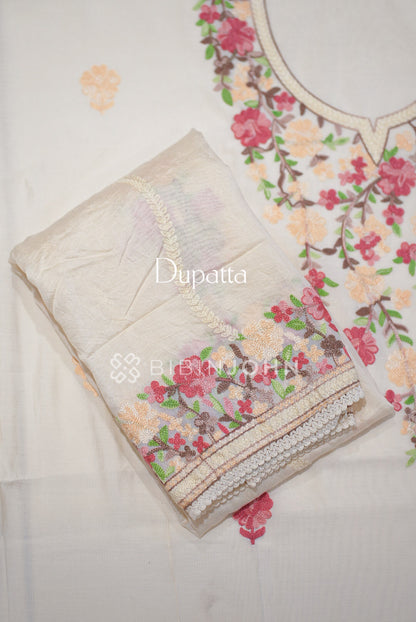 Semi Silk Embroidery Unstitched Salwar Suit Material Ivory  DUPATTA