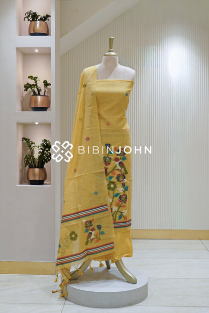 Chanderi Embroidery Weaving Unstitched Salwar Suit Material Pastel Yellow BJ2608