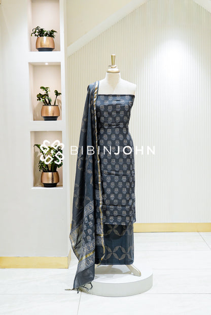 Printed Chanderi Unstitched Salwar Suit Material Dark Gray BJ1116