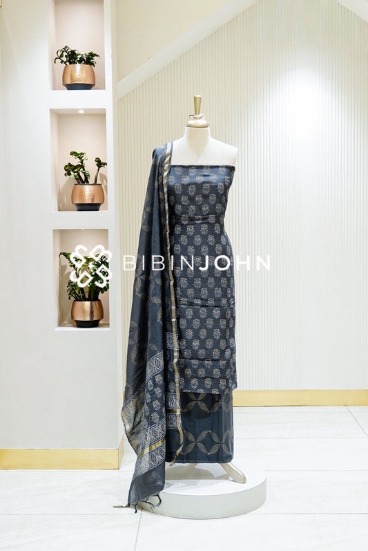Printed Chanderi Unstitched Salwar Suit Material Dark Gray BJ1116