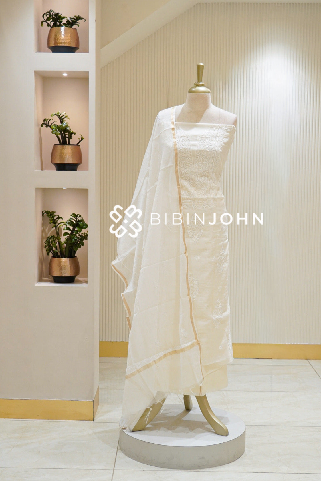 Chanderi Chikankari Unstitched Salwar Suit Material Ivory White BJ2824