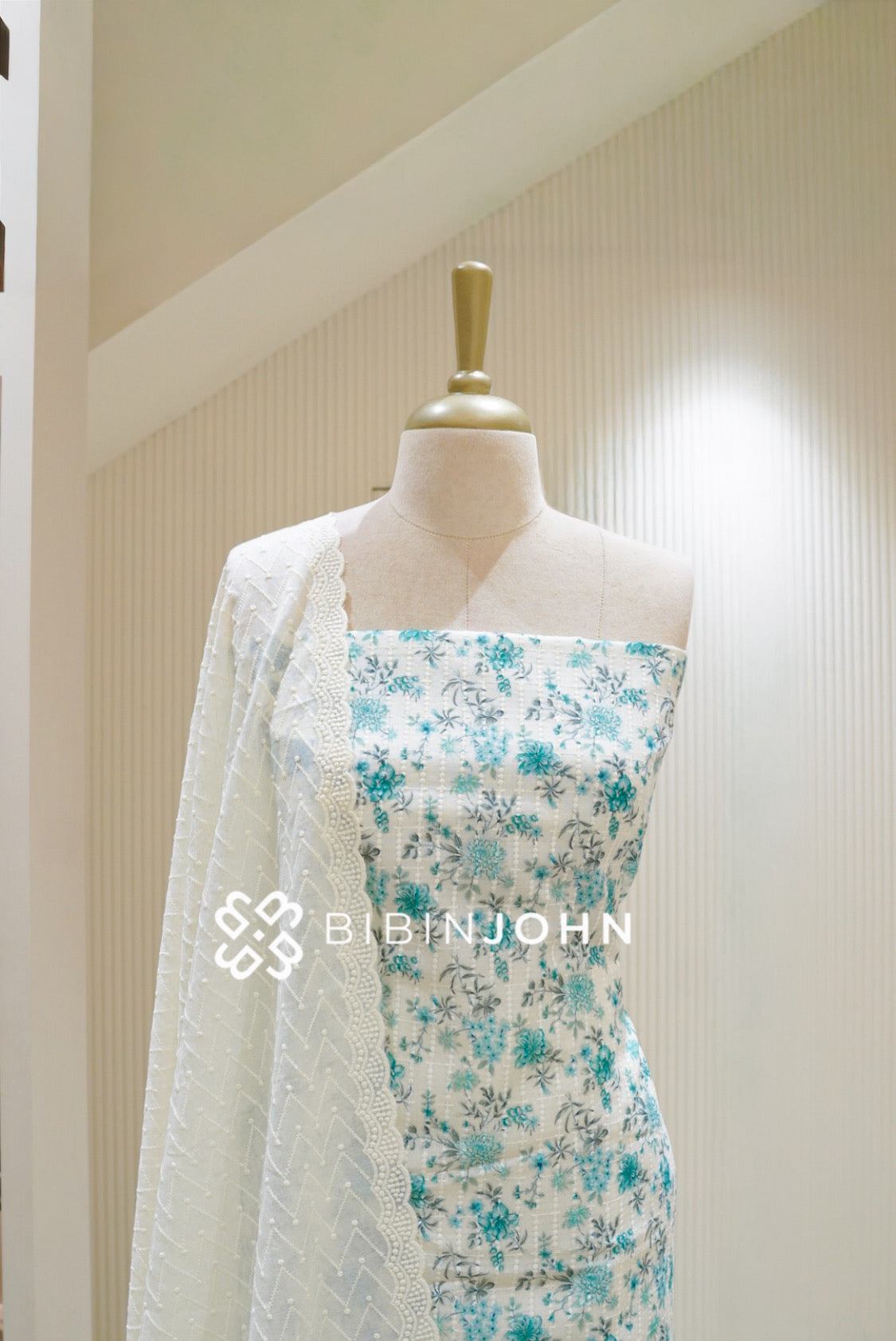 Cotton Embroidery Unstitched Salwar Suit Material Ivory White With Turquoise Blue BJ2622