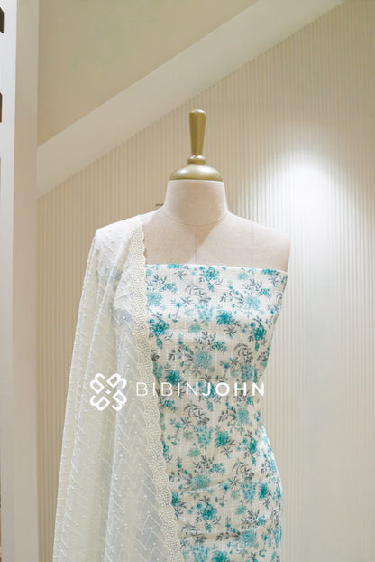 Cotton Embroidery Unstitched Salwar Suit Material Ivory White With Turquoise Blue BJ2622